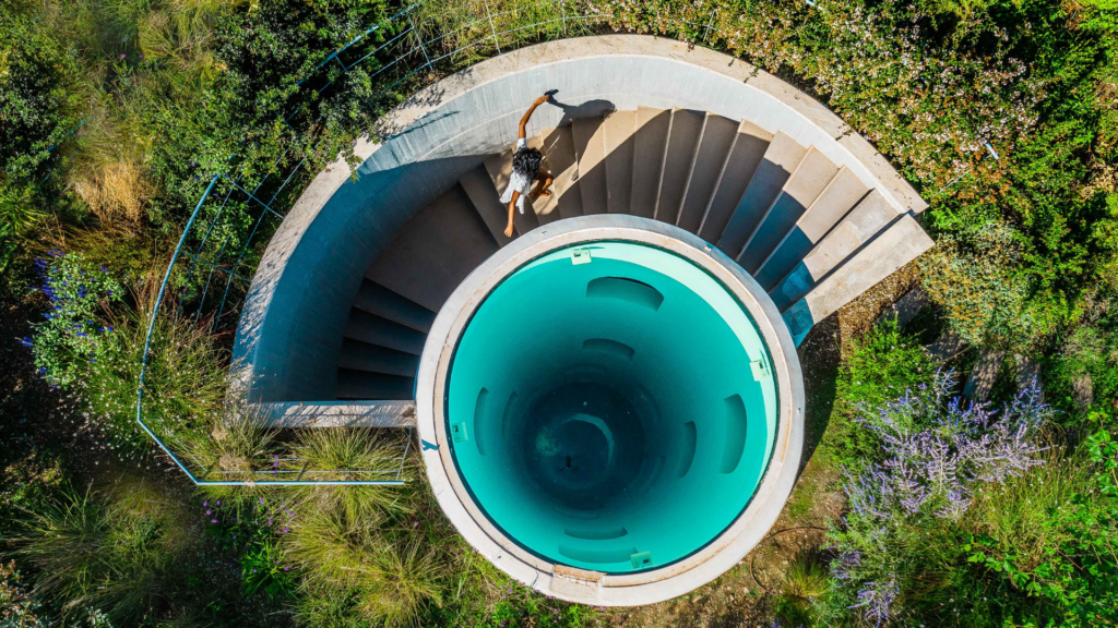 Steps leading up to aerial pool at euphoria retreat