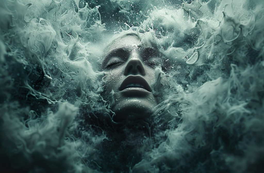 A serene face emerges from swirling, misty water, eyes closed and lips parted, surrounded by smoky, ethereal textures in moody, greenish tones.