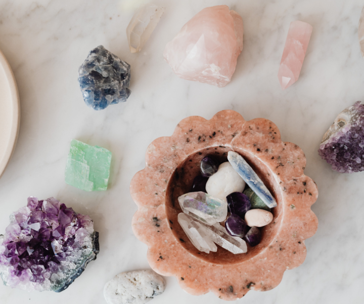 Healing crystals including Amethyst and Rose Quartz
