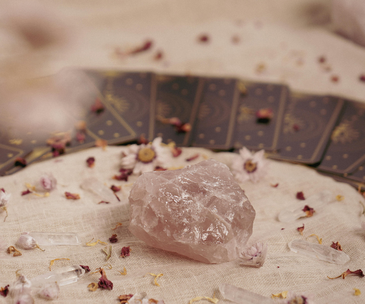 A single pink quartz crystal surrounded by pink flower petals scattered around the crystal.