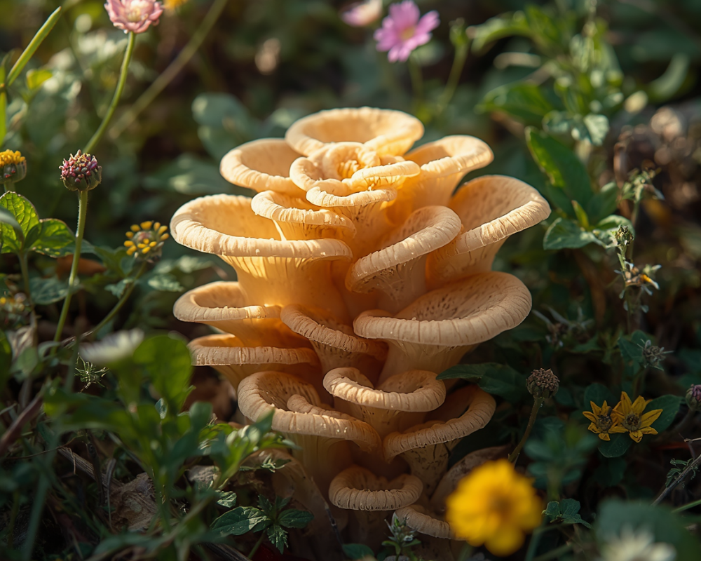 A cluster of pale orange mushrooms with wavy, layered caps grows among green grass and small colorful wildflowers in natural sunlight.