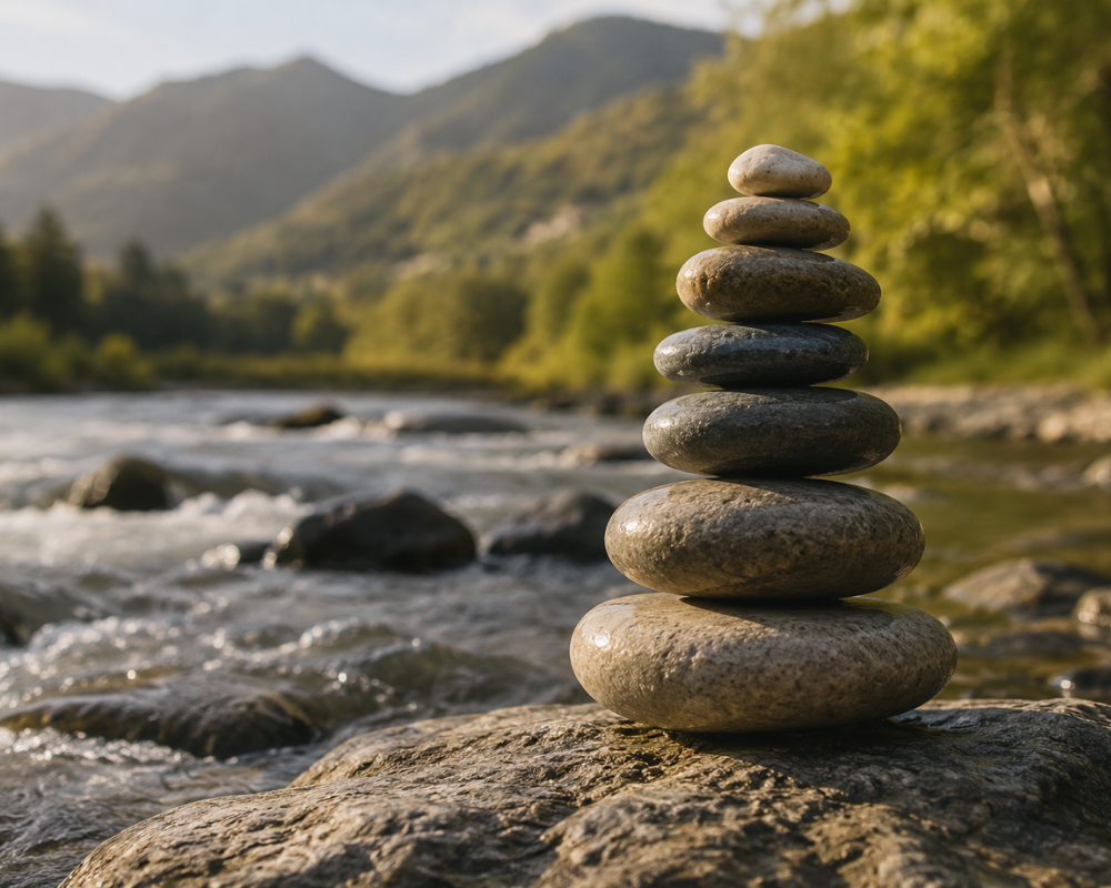 A stack of smooth stones balanced on a rock by a flowing river, with green trees and mountains in the background on a sunny day.
