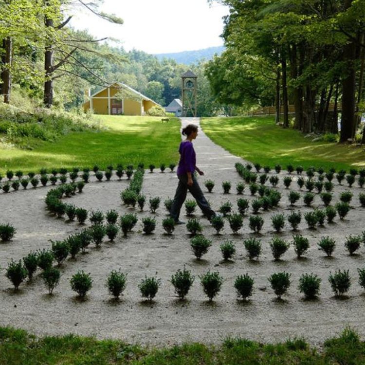 A person walks through a circular labyrinth made of small bushes on a gravel path, surrounded by grass and trees, with buildings visible in the background—an inviting setting for the Gaia Goddess Women’s Reiki Certification Levels 1 & 2 Retreat.