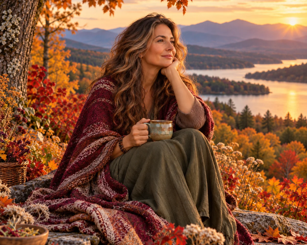 A woman wrapped in a patterned shawl practices seasonal wellness while sitting outdoors at sunset, holding a mug and looking out over a lake and mountain landscape.