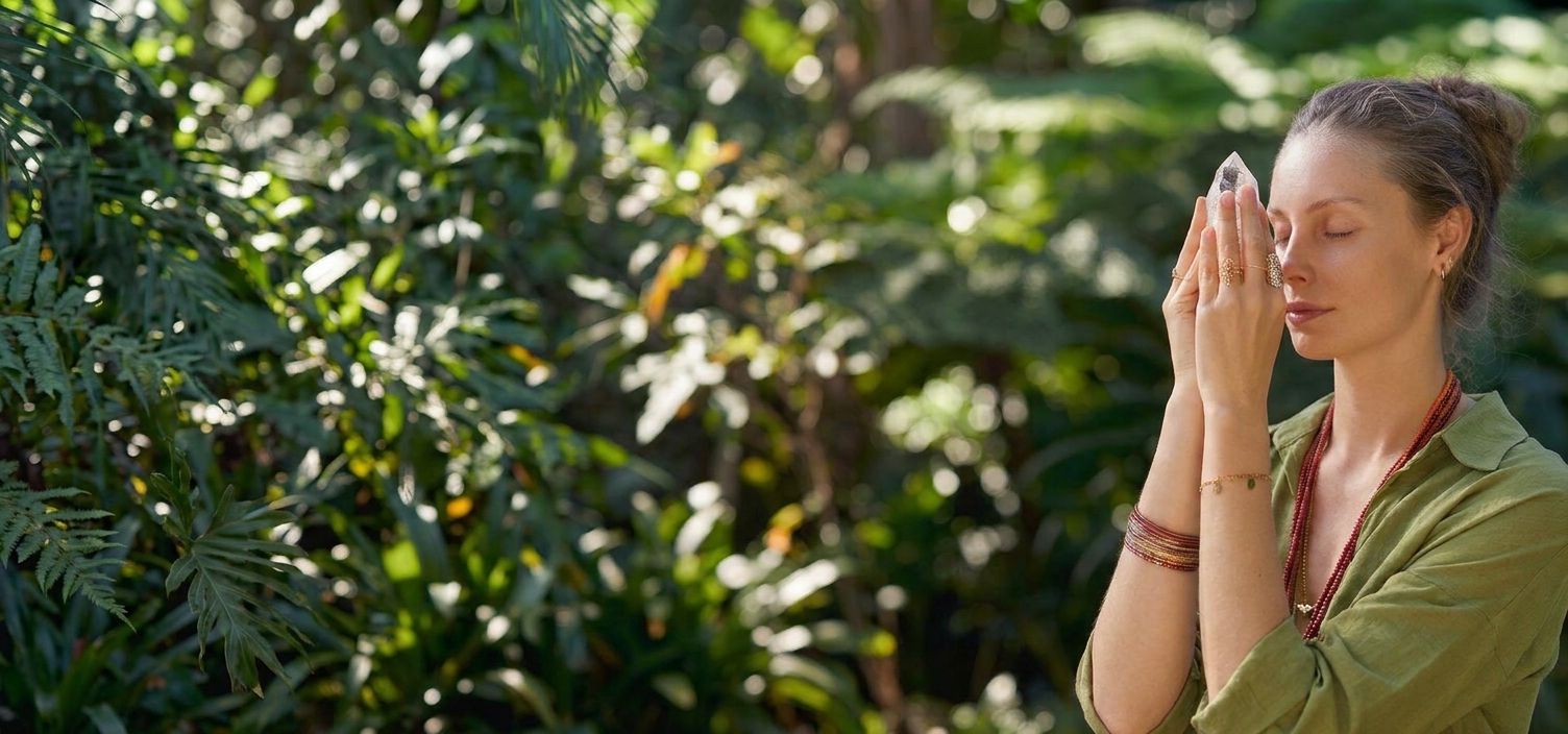 A woman in a green shirt holds a clear crystal point between her hands near her face with her eyes closed against a background of lush foliage.
